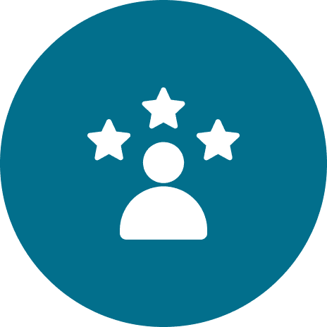Icon of a person with three stars above, set against a teal background.