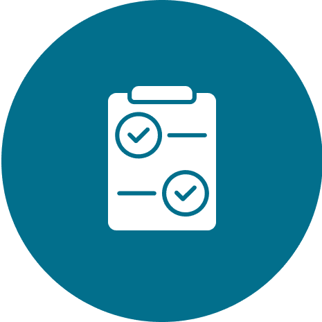 Icon of a clipboard with two checkmarks inside a blue circle.