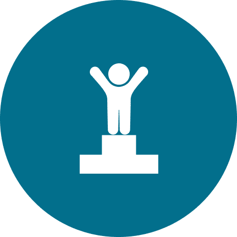 Icon of a person standing on a podium with raised arms, symbolizing victory or achievement, on a blue circular background.