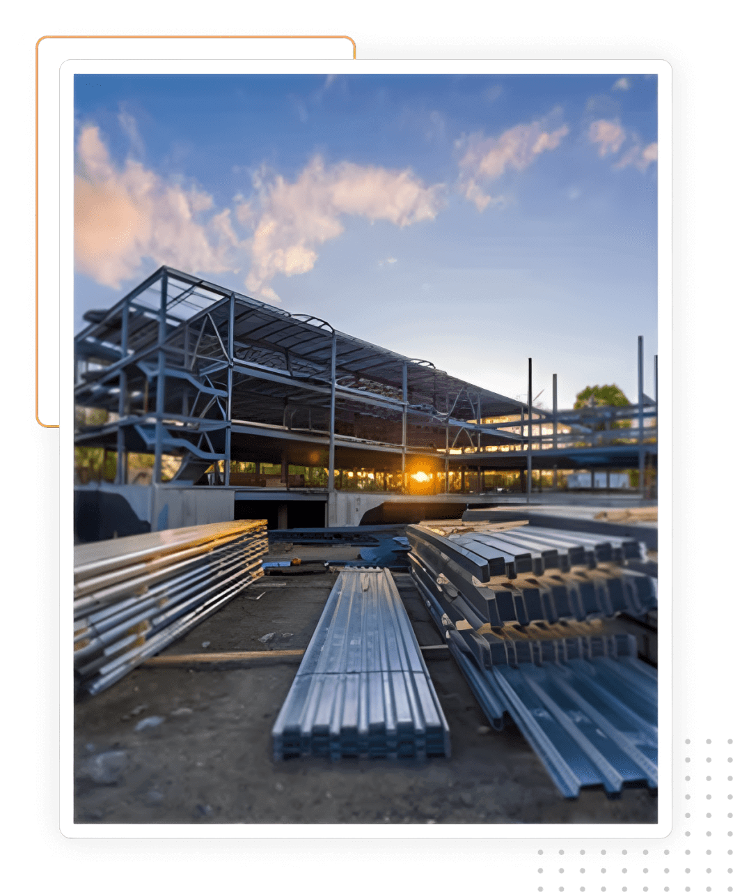 A building under construction with many metal beams.
