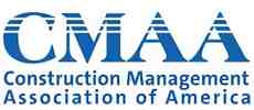 A blue and white logo for the construction management association of america.