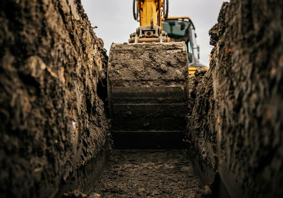 Excavator digging a deep muddy trench.